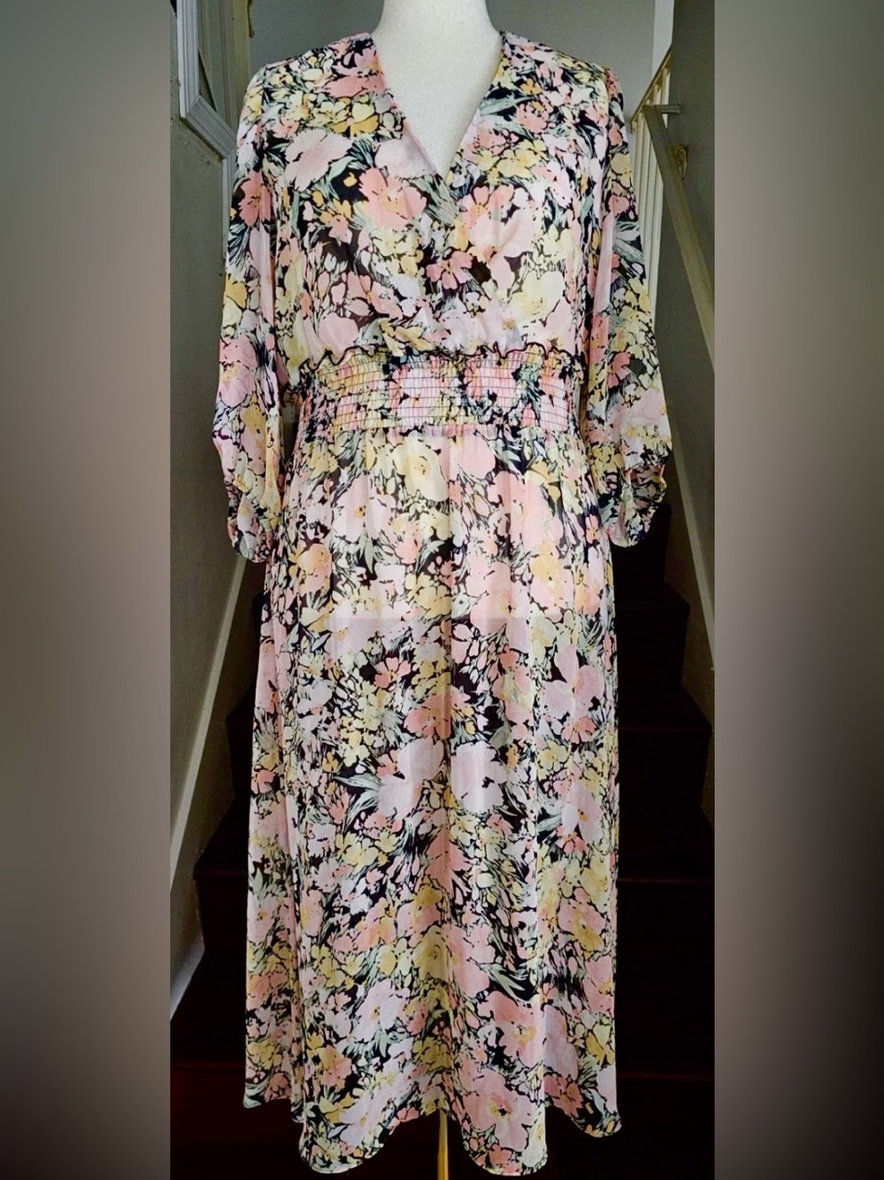 Anne Klein Floral Print Chiffon Midi with Black slip Dress 16